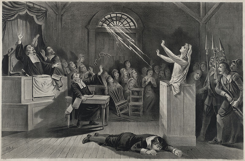 An 1892 lithograph depicting the trial, complete with special effects!